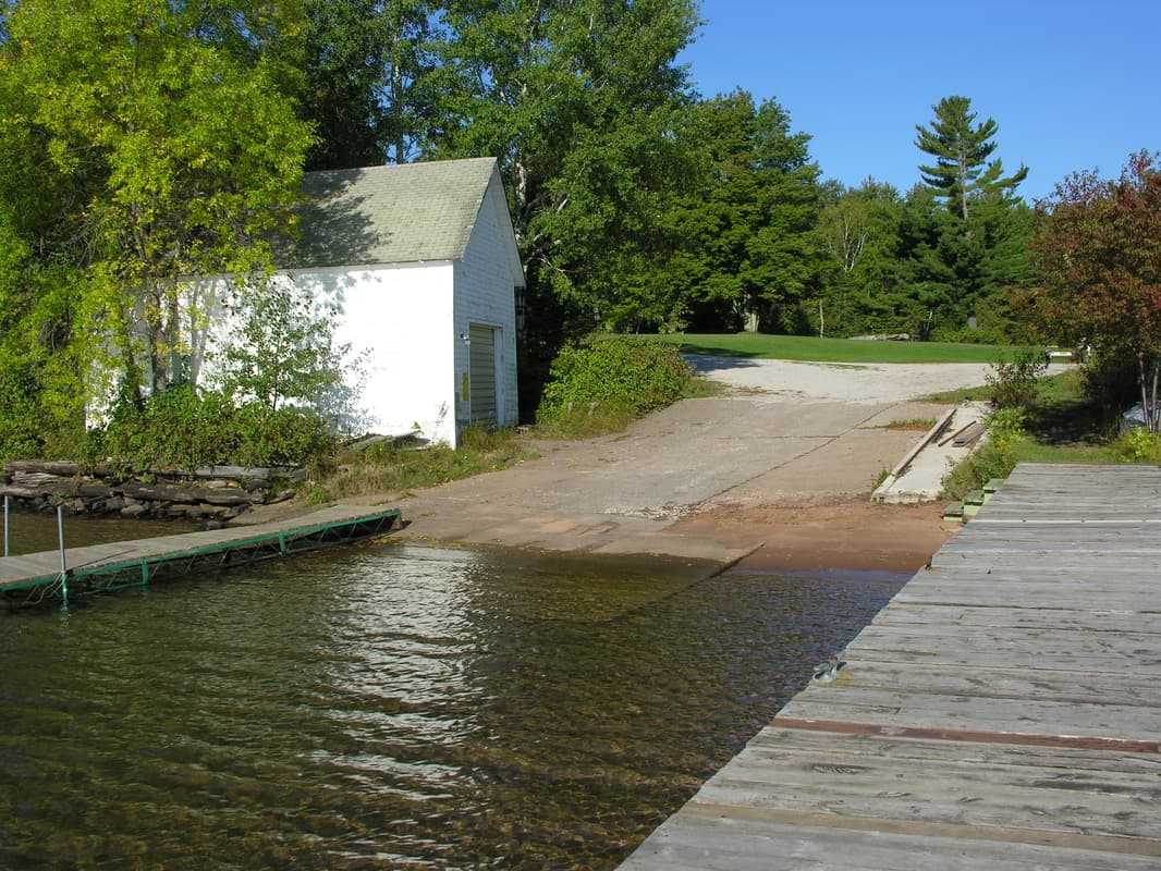 The small craft boat launch, boathouse and dock at Bodin's Resort